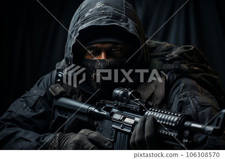 War image of a special forces or terrorist soldier holding a gun "AI generated image" 106308570