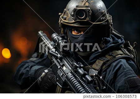 War image of a special forces or terrorist soldier holding a gun "AI generated image" 106308573