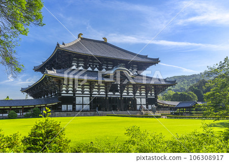 Todaiji Great Buddha Hall (Kondo) shining against the blue sky 106308917