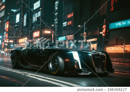 Futuristic Brutal Cyberpunk Luxury Racing Car on a Neon City Streets 106309227