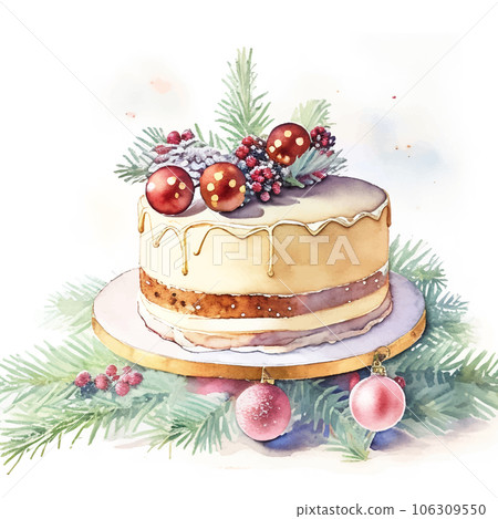 Christmas cake illustration drawn by watercolor Generative AI 106309550