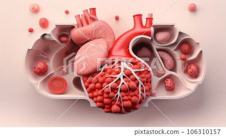 3D illustration mockup of the human organ system, Anatomy, Nervous, circulatory, digestive, excretory, urinary,and bone systems. Medical education concept, Generative AI illustration 106310157