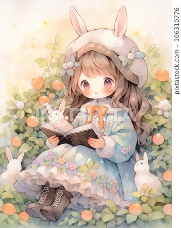可愛的小女孩和兔子一起讀書 可愛的小女孩和兔子一起讀書 106310776
