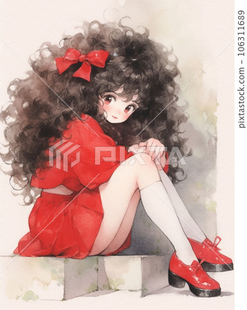 捲髮紅鞋的可愛女孩 106311689