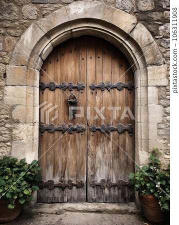 Ancient arched door in French medieval style, authentic stone house porch, vertical image. 106311908