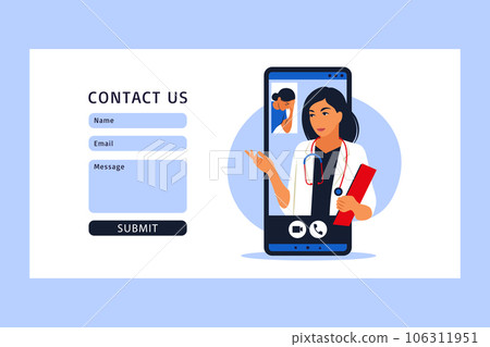Online medical consultation, support. Online doctor. Healthcare services. Family female doctor with stethoscope on smartphone. Contact us. Vector illustration. Flat. Online medical consultation, support. Online doctor. Healthcare services. Family female doctor with stethoscope on smartphone. Contact us. Vector illustration. Flat. 106311951