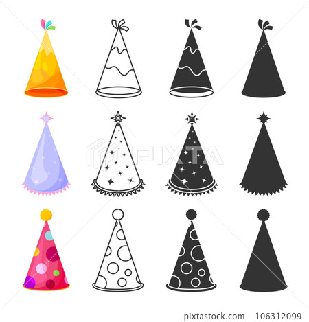 Holiday party cone cap hat triangle flat line glyph silhouette set. Editable stroke outline sticker colorful party headdress cartoon yellow purple wizard star magic red clown in dot fringe isolated 106312099