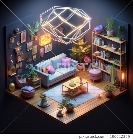 3D Isometric Living Room with Modern Furniture and Blue Couch 106312269
