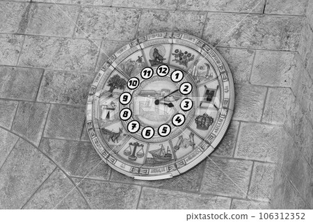 Old clock face shows time signs zodiac on western wall city Jerusalem 106312352