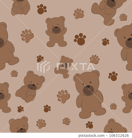Bear vector in different poses and bear paw pattern seamless vector on brown background , animal pattern seamless 106312626