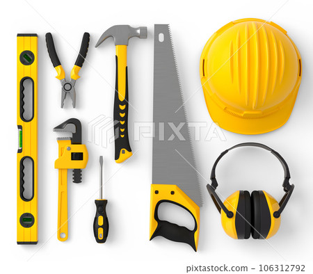 Flying view of yellow construction tools for repair on white background Flying view of yellow construction tools for repair on white background 106312792