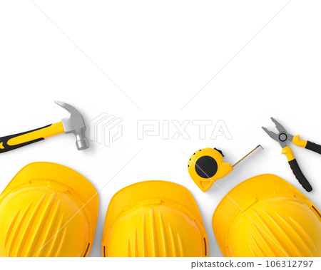 Flying view of yellow construction tools for repair on white background Flying view of yellow construction tools for repair on white background 106312797