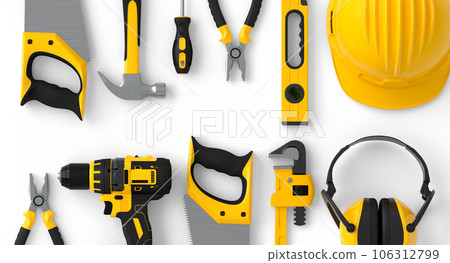 Flying view of yellow construction tools for repair on white background 106312799