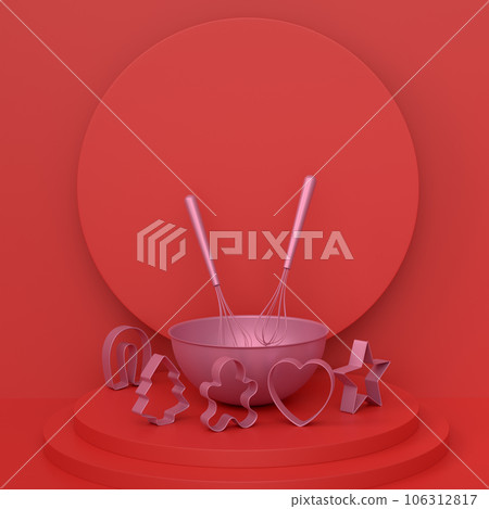 Abstract scene or podium with bowl and kitchen utensil on monochrome. 106312817