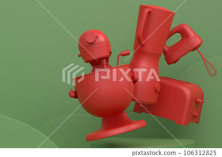 Abstract scene or podium with kitchen appliances and utensils on monochrome. 106312825