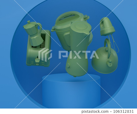 Abstract scene or podium with kitchen appliances and utensils on monochrome. 106312831