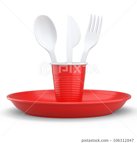 Set of disposable utensils like plate, folk, spoon,knife and cup on white. 106312847