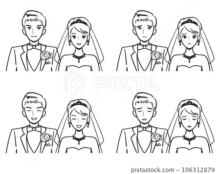 Young bride and groom's upper body icon 4 facial expressions line drawing (smile, smile, disappointment, turn pale) 106312879