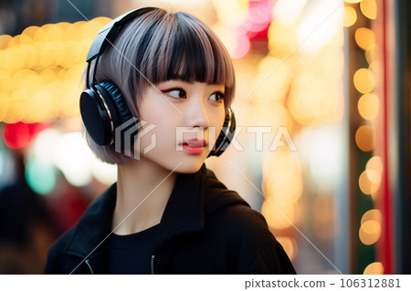 Fashionable Asian woman wearing headphones (AI generated image) Fashionable Asian woman wearing headphones (AI generated image) 106312881