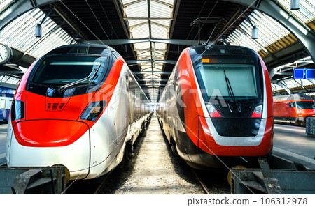 Modern passenger trains at Zurich Main Station in Switzerland Modern passenger trains at Zurich Main Station in Switzerland 106312978