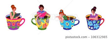 Coffee girls. Woman sitting and lying in tea cup, cute giant beautiful women relax, people drinking hot beverages, coffee time cozy drawing. Morning breakfast. Vector abstract tidy cartoon design set 106312985