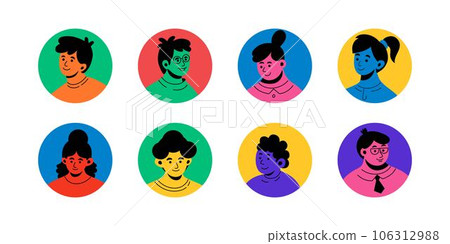 People avatars. Bright colorful doodle characters in circles, person icons with diverse face, abstract modern young art. Trendy smiling heads for forum or blog users profile. Vector design, tidy set People avatars. Bright colorful doodle characters in circles, person icons with diverse face, abstract modern young art. Trendy smiling heads for forum or blog users profile. Vector design, tidy set 106312988