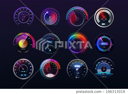 Speedometers set. Car speed realistic dashboard, futuristic gauge meter, counter and arrow. Bright glowing elements on black background. Vector exact isolated measurement interface design collection 106313019