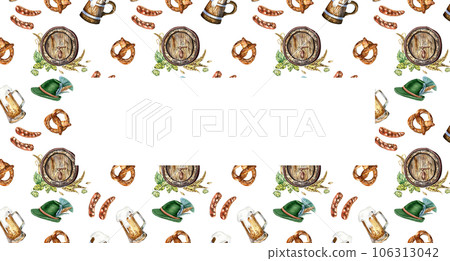 Frame of wooden beer barrel and mug, German hat watercolor illustration isolated on white. Hop, wheat ear, pretzel, sausages hand drawn. Design for brewing festival, package, label, signage, menu 106313042