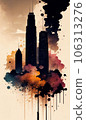 Abstract Urban Cityscape Skyscraper Scene Watercolor Ink Painting  106313276