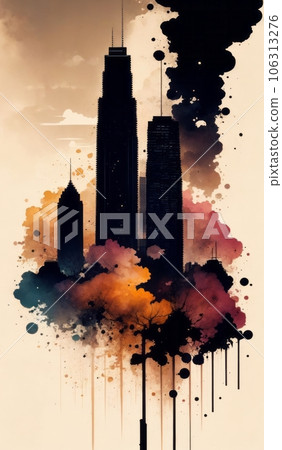 Abstract Urban Cityscape Skyscraper Scene Watercolor Ink Painting Abstract Urban Cityscape Skyscraper Scene Watercolor Ink Painting 106313276