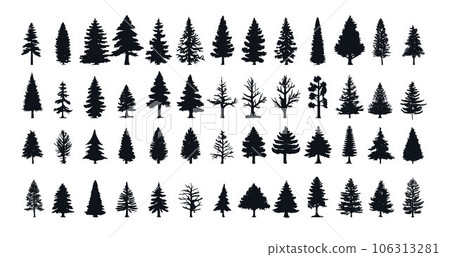 Set of pine tree silhouettes, fir forest trees 106313281