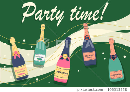 Doodle wine. Doodle drawing different champagne bottles. Alcoholic drink for party, new year and birthday and wedding. Invitation card or poster. Vector modern cartoon flat style isolated poster 106313358