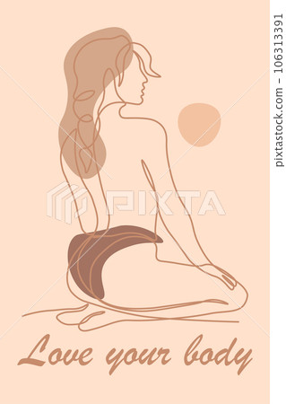 Woman naked. One line body positive poster. Outline drawing. Attractive overweight girl in underwear. Abstract nude sensual female. Simple elegant card. Beige monochrome hand drawn vector illustration Woman naked. One line body positive poster. Outline drawing. Attractive overweight girl in underwear. Abstract nude sensual female. Simple elegant card. Beige monochrome hand drawn vector illustration 106313391