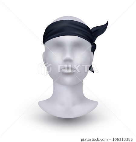 Bandana on mannequin. Human head. Black cotton fabric. Scarf tied on forehead. Trendy casual headwear. Biker or pirate accessory. Unisex garment. Stylish handkerchief on dummy. Vector clothing object Bandana on mannequin. Human head. Black cotton fabric. Scarf tied on forehead. Trendy casual headwear. Biker or pirate accessory. Unisex garment. Stylish handkerchief on dummy. Vector clothing object 106313392