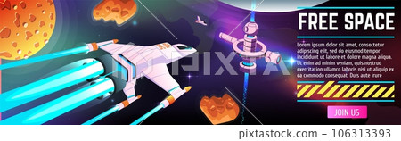 Cartoon space. Galaxy station. Flying shuttle. Cosmic astronaut. Rocket spacecraft. Universe travel. Stars exploration. Fantasy outer music planet festival. Internet banner design. Vector illustration Cartoon space. Galaxy station. Flying shuttle. Cosmic astronaut. Rocket spacecraft. Universe travel. Stars exploration. Fantasy outer music planet festival. Internet banner design. Vector illustration 106313393