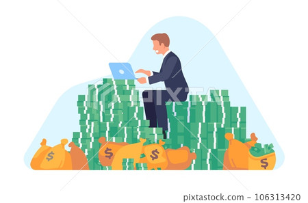 Smiling businessman working on laptop sitting on pile of bags and stacks of money. Banknotes head. Successful entrepreneur or investor. Young millionaire. Financial success. Vector concept Smiling businessman working on laptop sitting on pile of bags and stacks of money. Banknotes head. Successful entrepreneur or investor. Young millionaire. Financial success. Vector concept 106313420