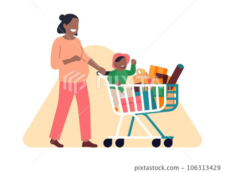 Pregnant woman with baby at supermarket. Mother carry shopping cart. Mom making purchases in shop. Female buying clothes with daughter. Store bags and girl in trolley. Vector concept 106313429