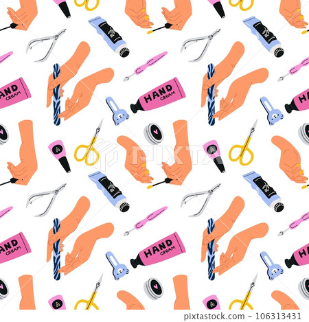 Manicure tools seamless pattern. Well groomed female hands. Nail file and scissors. Colored varnish application. Beauty salon. Arm skin care. Cosmetic cream. Garish vector background Manicure tools seamless pattern. Well groomed female hands. Nail file and scissors. Colored varnish application. Beauty salon. Arm skin care. Cosmetic cream. Garish vector background 106313431