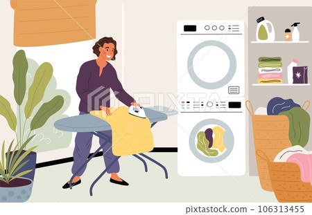 Cartoon woman irons clothes at home. People take care of textiles. Household chores. Laundry baskets. Housewife smoothing out creases. Washing machine. Garish vector housekeeping concept Cartoon woman irons clothes at home. People take care of textiles. Household chores. Laundry baskets. Housewife smoothing out creases. Washing machine. Garish vector housekeeping concept 106313455