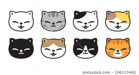 Muzzle of a funny cute smiling cat. Portrait of a pet with an important  look. Simple style line drawing character face, meme. Kitty Vector  illustration for ceramics, textile, logo, greeting card Stock