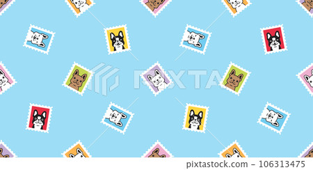 dog seamless pattern french bulldog stamp post mail cartoon puppy smile vector pet doodle gift wrapping paper tile background repeat wallpaper scarf isolated illustration design 106313475