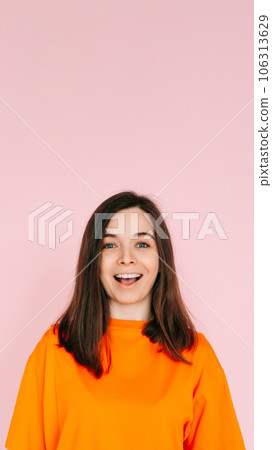 Surprised Delight: Cheerful Woman Expressing Amazement with Open Mouth - Joyful Reaction and Surprised Delight: Cheerful Woman Expressing Amazement with Open Mouth - Joyful Reaction and 106313629