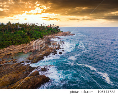 Sunset on the beach with coconut palms. Sunset on the beach with coconut palms. 106313728