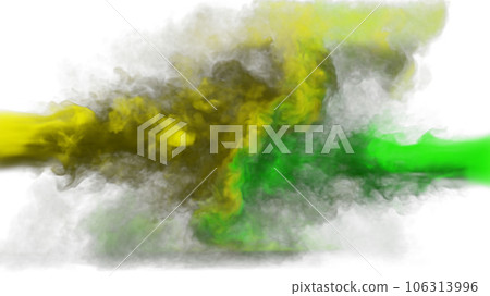 Puffs of yellow and green smoke collide against a white background. 3d illustration. Puffs of yellow and green smoke collide against a white background. 3d illustration. 106313996