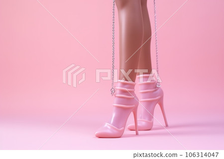 Plastic toy legs with high heels and little bag on pastel pink background. Minimal art pink poster Plastic toy legs with high heels and little bag on pastel pink background. Minimal art pink poster 106314047
