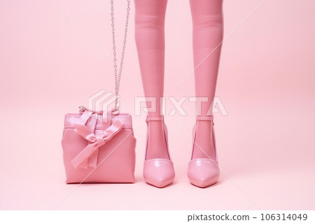 Plastic toy legs with high heels and little bag on pastel pink background. Minimal art pink poster Plastic toy legs with high heels and little bag on pastel pink background. Minimal art pink poster 106314049