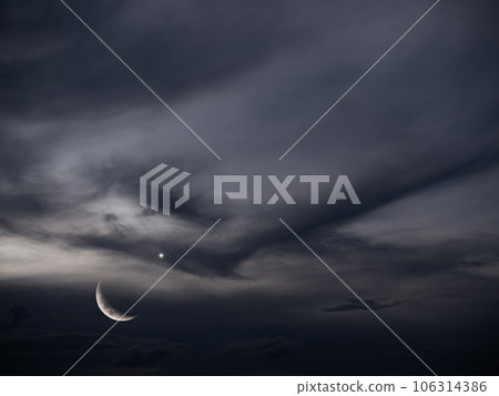 Ramadan Sky Moon Star Islam sunset Background, Night Crescent Moon Skylight Dark Blue Night Landscape Evening Dua Mubarak Muslim Islamic Eid Islamic Mubarak Greeting Kareem Ramazan Jumada Safar Rabi. 106314386