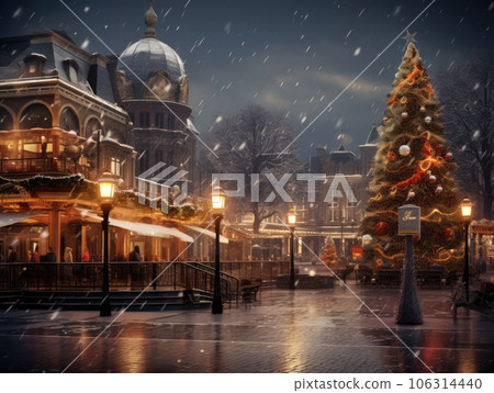Generative AI illustration of crowd of people walking on retro European city square in Christmas market with decorated trees by classic buildings at night 106314440