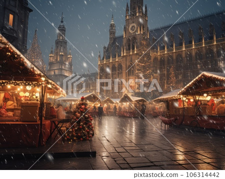 Generative AI illustration of crowd of people walking on retro European city square in Christmas market with decorated trees by classic buildings at night 106314442