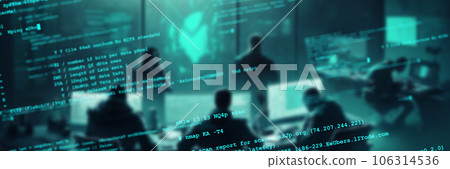 People using PCs in a dark office and programming images Horizontal visuals for banners and advertisements People using PCs in a dark office and programming images Horizontal visuals for banners and advertisements 106314536